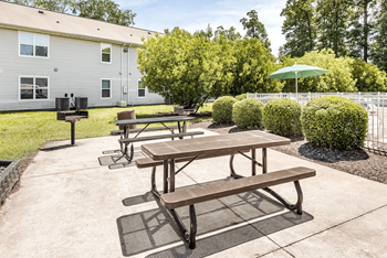 two picnic tables with an umbrella and a grill